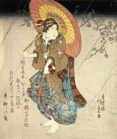 Iwai Kumesaburo II w roli kochanka, ok. 1827-30 (kolorowy drzeworyt) autorstwa Utagawa Kunisada
