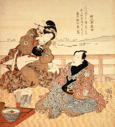 Onoe Kikugoro III pijący herbatę w Shinagawa, ok. 1825 (kolorowy drzeworyt) (patrz także 282741) autorstwa Utagawa Kunisada