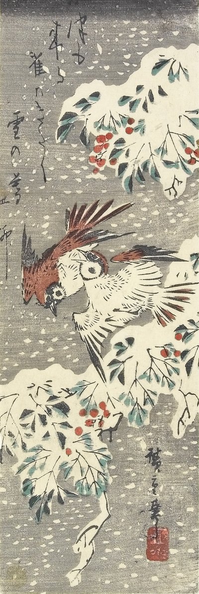 (Niebiański bambus i wróble w śniegu), 1830-1858 autorstwa Utagawa Hiroshige
