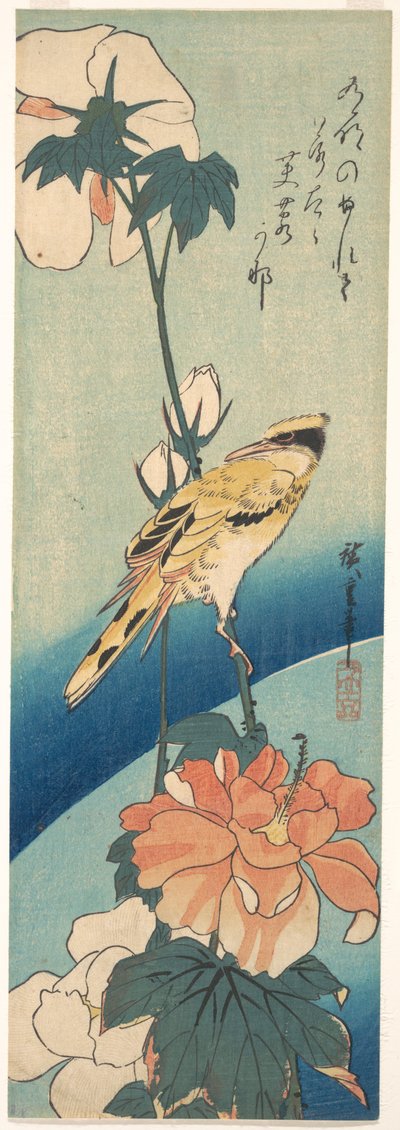 Ein Schwarzrückenpirol auf einem Hibiskusstängel autorstwa Utagawa Hiroshige