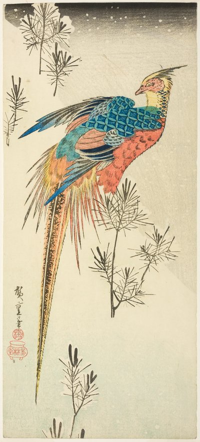 Bażant złocisty siedzący na stromym, śnieżnym zboczu wśród małych drzewek sosnowych autorstwa Utagawa Hiroshige