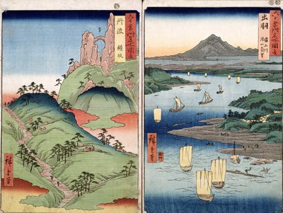Pejzaż i pejzaż morski, dwa widoki z cyklu „60-Dziwne słynne widoki prowincji”, wyd. Kosheihei, 1853, (kolorowy drzeworyt) autorstwa Utagawa Hiroshige