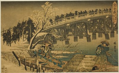 Akt 11, część 1: Podejście do nocnego ataku (Juichidanme ichi, yochi oshiyose), z serialu „Zemsta lojalnych podwładnych (Chushingura)” autorstwa Utagawa Hiroshige