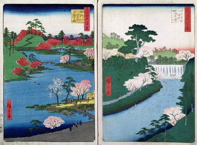 Wzdłuż brzegu rzeki dwa widoki z „60-Odd Famous Views of the Provinces”, wyd. Kosheihei w 1853 r. (kolorowy drzeworyt) autorstwa Utagawa Hiroshige
