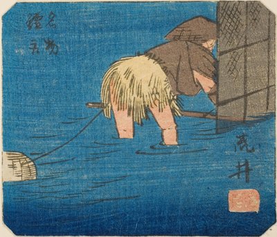 Arai, sekcja arkusza nr. 8 z serii „Wycinanki z pięćdziesięciu trzech stacji (Gojusan tsugi harimaze)” autorstwa Utagawa Hiroshige