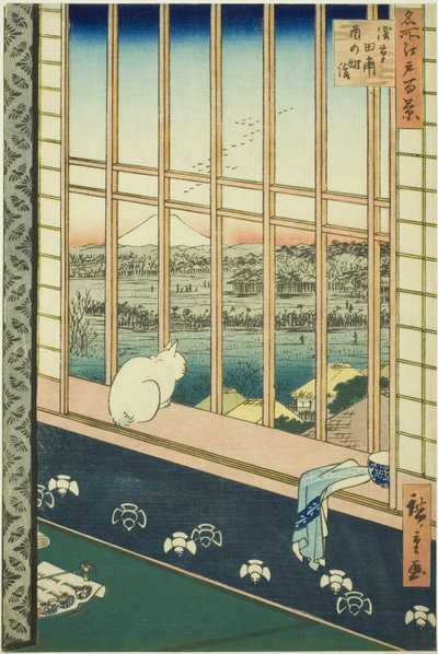 Asakusa lycee Fie lds plan d town feschival (wymienione jest również miasto łowisk ryżowych Asakusa), z serii s „Ridge dre d fa net views Edo (słynne miejsce 100 widoków Edo)” autorstwa Utagawa Hiroshige