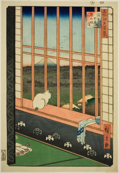 Asakusa lycee Fie lds plan d miasta feschival (wymienione jest również miasto łowienia pól ryżowych Asakusa), z serii „Ridge d red fa net views f Edo (słynne miejsce 100 widoków Edo)” autorstwa Utagawa Hiroshige