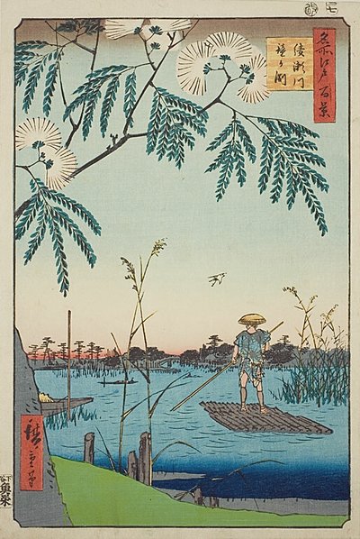 Rzeka Ayase i Kanegafuchi (Ayasegawa Kanegafuchi), nr 63 z serii "Sto słynnych widoków Edo (Meisho Edo hyakkei)". autorstwa Utagawa Hiroshige