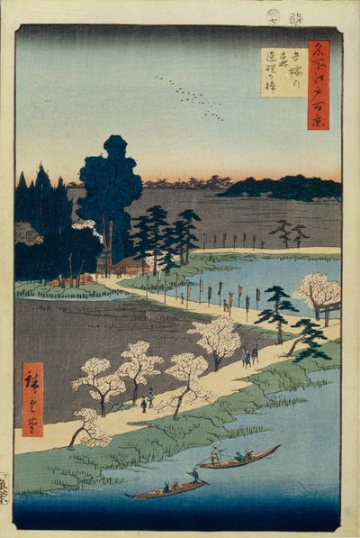 Świątynia Azuma no mori i spleciona kamfora Sto słynnych widoków Edo, 1856-1858 autorstwa Utagawa Hiroshige