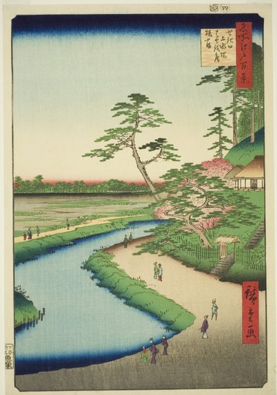 Chata Basho na wzgórzu kameliowym obok akwadu w Sekiguchi (Sekiguchi josui-bata Bashoan Tsubakiyama), z serii "Sto słynnych widoków Edo (Meisho Edo hyakkei)". autorstwa Utagawa Hiroshige