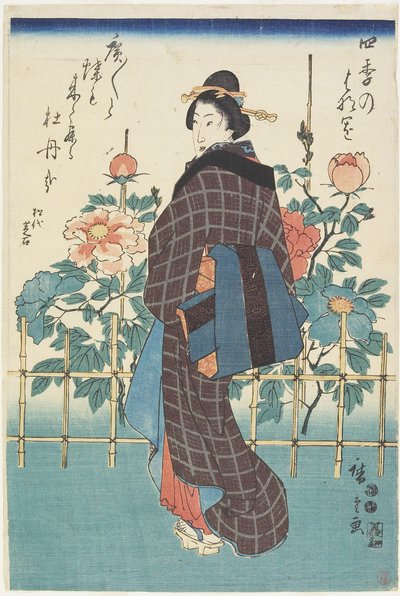Piękno w ogrodzie piwonii, 1847-1852 autorstwa Utagawa Hiroshige