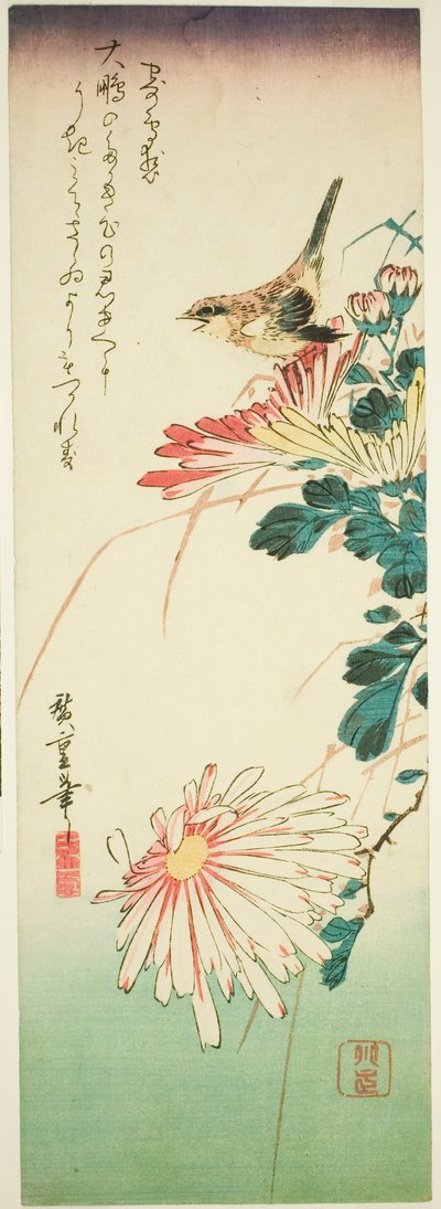 Ptak i chryzantemy autorstwa Utagawa Hiroshige