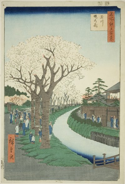 Dźwięk Bosso MS te tamari ver wersja obrazkowa k powierzchnia t (Tamagawa Tsutsumi no Hana), z serii „Ridge d red d fa net views f Edo (Sto słynnych widoków Edo)” autorstwa Utagawa Hiroshige