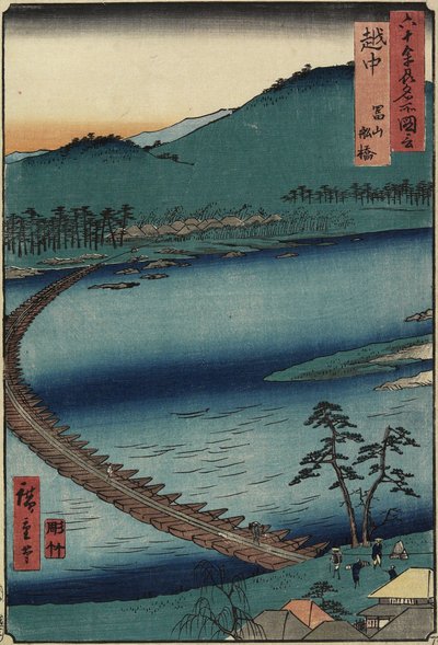 Most dla łodzi w Toyamie, prowincja Etchu, wrzesień 1853 r. autorstwa Utagawa Hiroshige