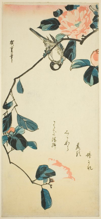 Gil zwyczajny na gałęzi kamelii autorstwa Utagawa Hiroshige