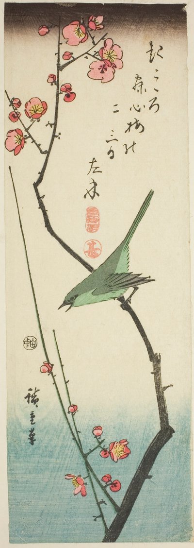 Lasówka krzewiasta na gałęzi śliwy autorstwa Utagawa Hiroshige
