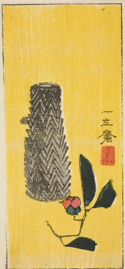 Kamelia i kosz, fragment bez tytułu prześcieradła harimaze autorstwa Utagawa Hiroshige