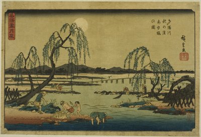 Łowienie słodkich rybek w rzece Tama pod jesiennym księżycem (Tamagawa aki no tsuki ayuryo no zu), z serii „Śnieg, księżyc i kwiaty w słynnych miejscach (Meisho setsugekka)” autorstwa Utagawa Hiroshige