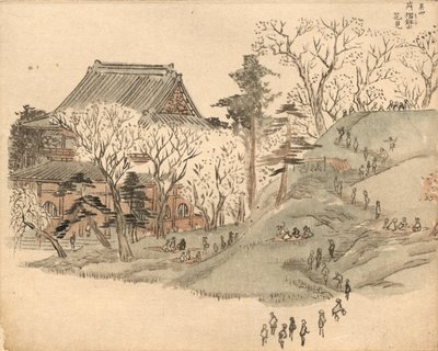 Podziwianie kwitnących wiśni w świątyni na górze Suribachi według ilustracji z tomu 5 „Ilustrowanej książki pamiątek z Edo” („Ehon Edo miyage”) autorstwa Utagawa Hiroshige