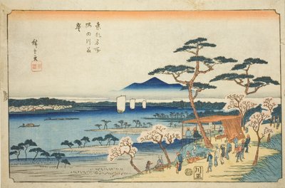 Kwiaty wiśni w pełnym rozkwicie wzdłuż rzeki Sumida (Sumidagawa hanazakari), z serii „Słynne miejsca we wschodniej stolicy (Toto meisho)” autorstwa Utagawa Hiroshige