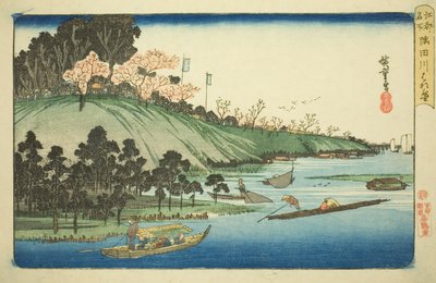 Kwiaty wiśni w pełnym rozkwicie wzdłuż rzeki Sumida (Sumidagawa hanazakari), z serii „Słynne miejsca w Edo (Koto meisho)” autorstwa Utagawa Hiroshige