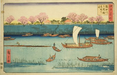 Wiśnie wzdłuż nabrzeża rzeki Sumida w świątyni Mimeguri Inari (Sumidagawa Mimeguri Inari tsutsumi no hana), z serii „Słynne miejsca w Edo (Edo meisho)” autorstwa Utagawa Hiroshige