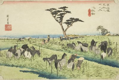 Chiryu: Wczesny Letni Targ Koni (Chiryu, shuka uma ichi), z serii „Pięćdziesiąt trzy stacje Tokaido (Tokaido gojusan tsugi no uchi),” znany również jako Hoeido Tokaido autorstwa Utagawa Hiroshige