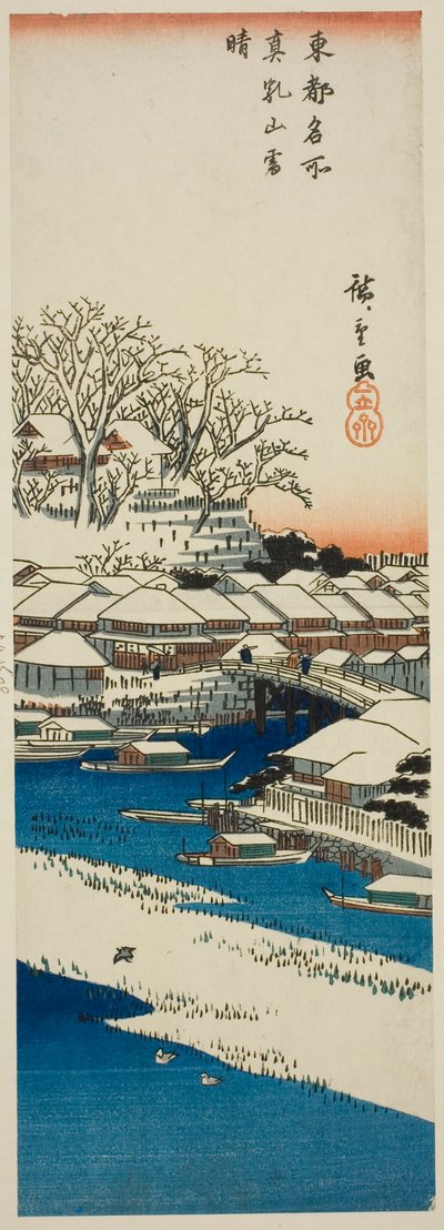 Bezchmurna pogoda po śniegu na wzgórzu Matsuchi (Matsuchiyama no yukibare), z serii „Słynne widoki na wschodnią stolicę (Toto meisho)” autorstwa Utagawa Hiroshige