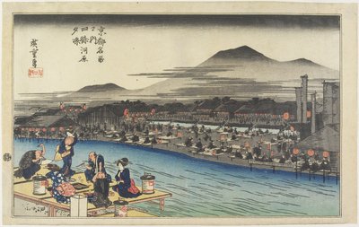 Chłodzenie wieczoru na brzegu rzeki Shijo_, ok. 1834 r. autorstwa Utagawa Hiroshige