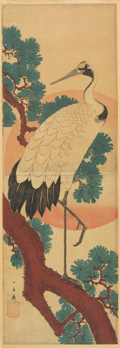 Kranich, Kiefer und Sonne autorstwa Utagawa Hiroshige