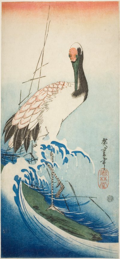 Żuraw i fale autorstwa Utagawa Hiroshige