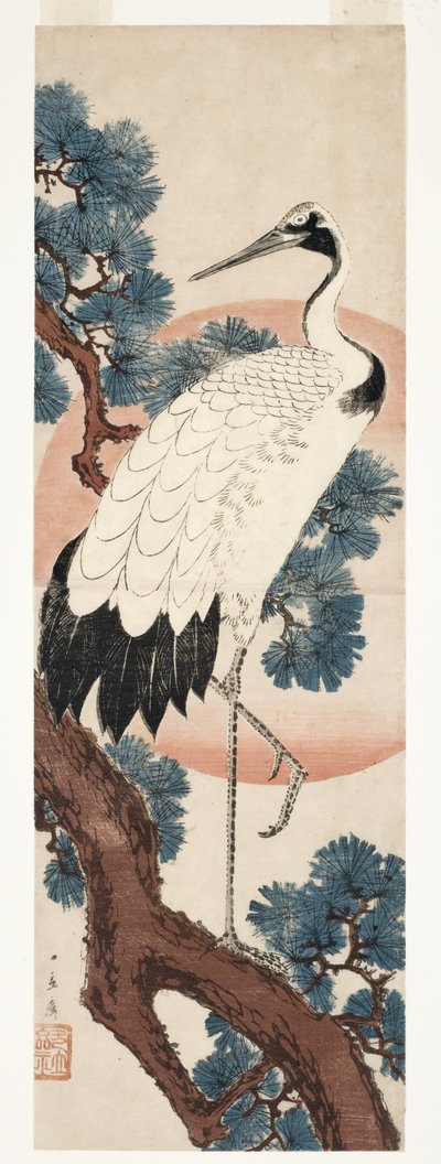 Żuraw w sośnie o wschodzie słońca, 1850-55 (drzew) autorstwa Utagawa Hiroshige