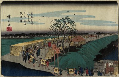 Świt na wzgórzu Emonzaka w banku Nihon-zutsumi, Shin-Yoshiwara, ok. 1830 r. autorstwa Utagawa Hiroshige