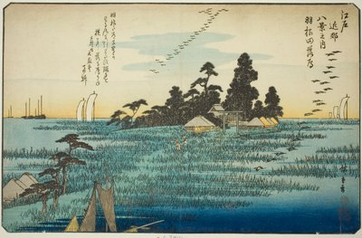 Zstępujące gęsi w Haneda (Haneda no rakugan), z serii „Osiem widoków w okolicach Edo (Edo kinko hakkei no uchi)” autorstwa Utagawa Hiroshige