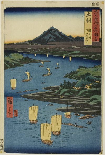Prowincja Dewa: Mogami River and a Distant View of Mount Gassan (Dewa, Mogamigawa, Gassan enbo), z serii "Famous Places in the Sixty-odd Provinces (Rokujuyoshu meisho zue)". autorstwa Utagawa Hiroshige