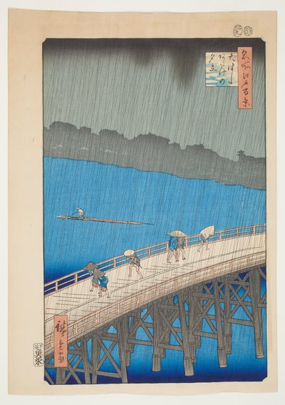 Ulewa na moście Ohashi, Atake, z serii "Sto słynnych widoków Edo" autorstwa Utagawa Hiroshige