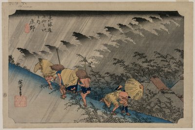 Padający deszcz w Shono (stacja 46) z serii Pięćdziesiąt trzy stacje Tokaido autorstwa Utagawa Hiroshige