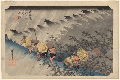 Padający deszcz w Shono (stacja 46) z serii Pięćdziesiąt trzy stacje Tokaido autorstwa Utagawa Hiroshige