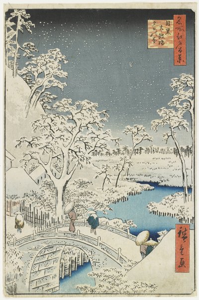 Most Bębnowy i Wzgórze Zachodzącego Słońca w Meguro, kwiecień 1856 r. autorstwa Utagawa Hiroshige
