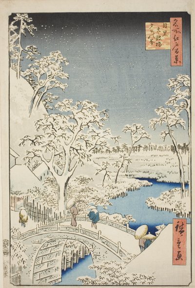 Meguro (Most Meguro Taiko, wzgórze Yuino), od strony grzbietu, Widoki Edo (Sto słynnych widoków Edo)” autorstwa Utagawa Hiroshige