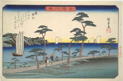 Osiem widoków Kanazawy nr 5: Powracające żaglówki w Ottomo autorstwa Utagawa Hiroshige