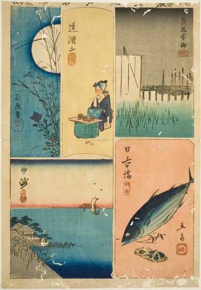 Most Eitai, most Nihon, Susaki, ogród kwiatowy i wzgórze Dokan (Eitaibashi, Nihonbashi, Susaki, Hanayashiki, Dokanyama) z cyklu „Wycinanki ze słynnych miejsc w Edo (Harimaze Koto meisho)” autorstwa Utagawa Hiroshige