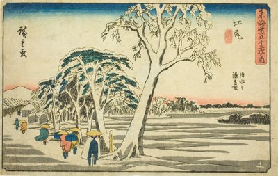 Ejiri: Odległy widok na port Shimizu w bezchmurną pogodę po śniegu (Ejiri, Shimizu no minato enbo, yukibare), z serii „Pięćdziesiąt trzy stacje Tokaido (Tokaido gojusan tsugi no uchi),” znany również jako Gyosho Tokaido autorstwa Utagawa Hiroshige