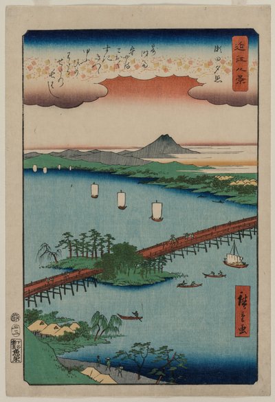 Wieczorna poświata w Seta, z serii Osiem widoków Ōmi autorstwa Utagawa Hiroshige
