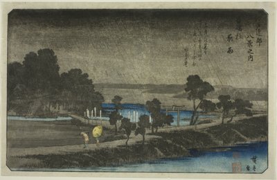 Wieczorny deszcz w świątyni Azuma (Azuma no mori yau), z serii „Osiem widoków w okolicach Edo (Edo Kinko hakkei no uchi)” autorstwa Utagawa Hiroshige