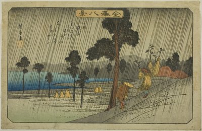 Wieczorny deszcz w Koizumi (Koizumi yau), z serii „Osiem widoków Kanazawy (Kanazawa hakkei)” autorstwa Utagawa Hiroshige