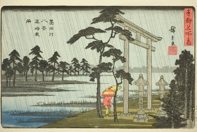 Wieczorny deszcz w Massaki, Osiem widoków rzeki Sumida (Sumidagawa hakkei, Massaki yau), z cyklu „Słynne miejsca we wschodniej stolicy (Toto meisho no uchi)” autorstwa Utagawa Hiroshige