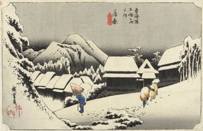 Wieczorny śnieg w Kambara, nr 16 z 53 stacji Tokaido, wyd. Hoeido, 1833, (rozmiar oban, yoko-e - format poziomy, drzeworyt kolorowy) autorstwa Utagawa Hiroshige