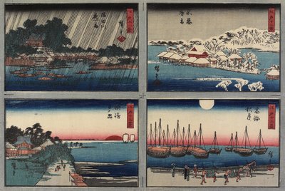 Wieczorny śnieg w Shinobazu, jesienny księżyc w Takanawie, wschód słońca w Susaki, nocny deszcz nad rzeką Sumida, 1843-1847 autorstwa Utagawa Hiroshige