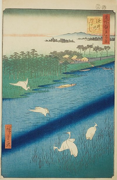 Przeprawa promowa w Sakasai (Sakasai no watashi), nr 67 z serii "Sto słynnych widoków Edo (Meisho Edo hyakkei)". autorstwa Utagawa Hiroshige